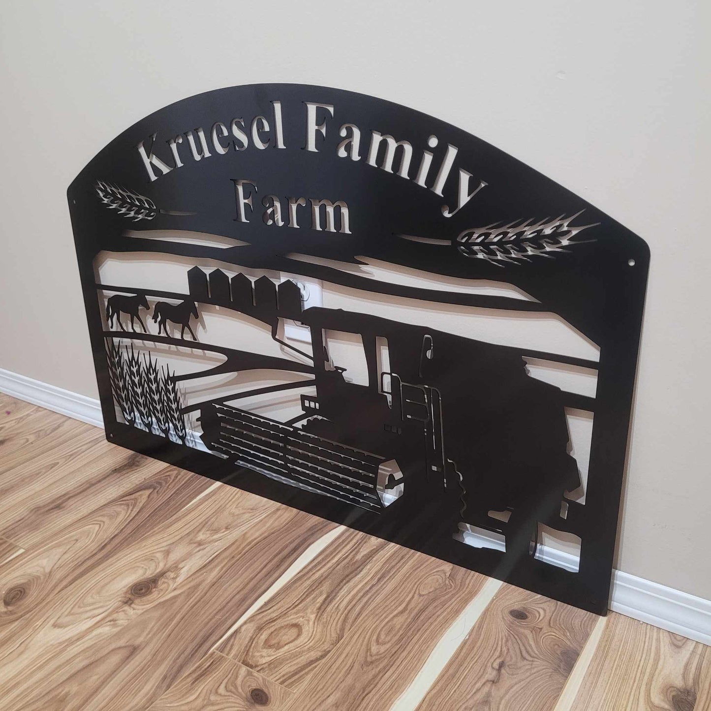 Personalized Metal Sign with Combine, Grain, and Horses