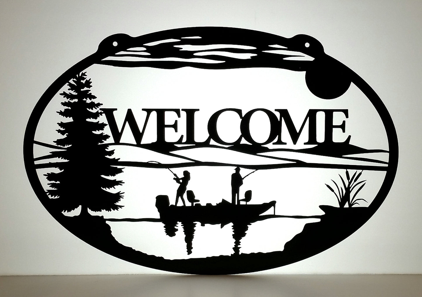 Rustic Oval Metal Lake Sign with Fishing Boat