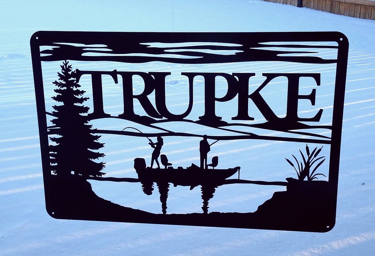 Rustic Rectangle Metal Lake Sign with Fishing Boat