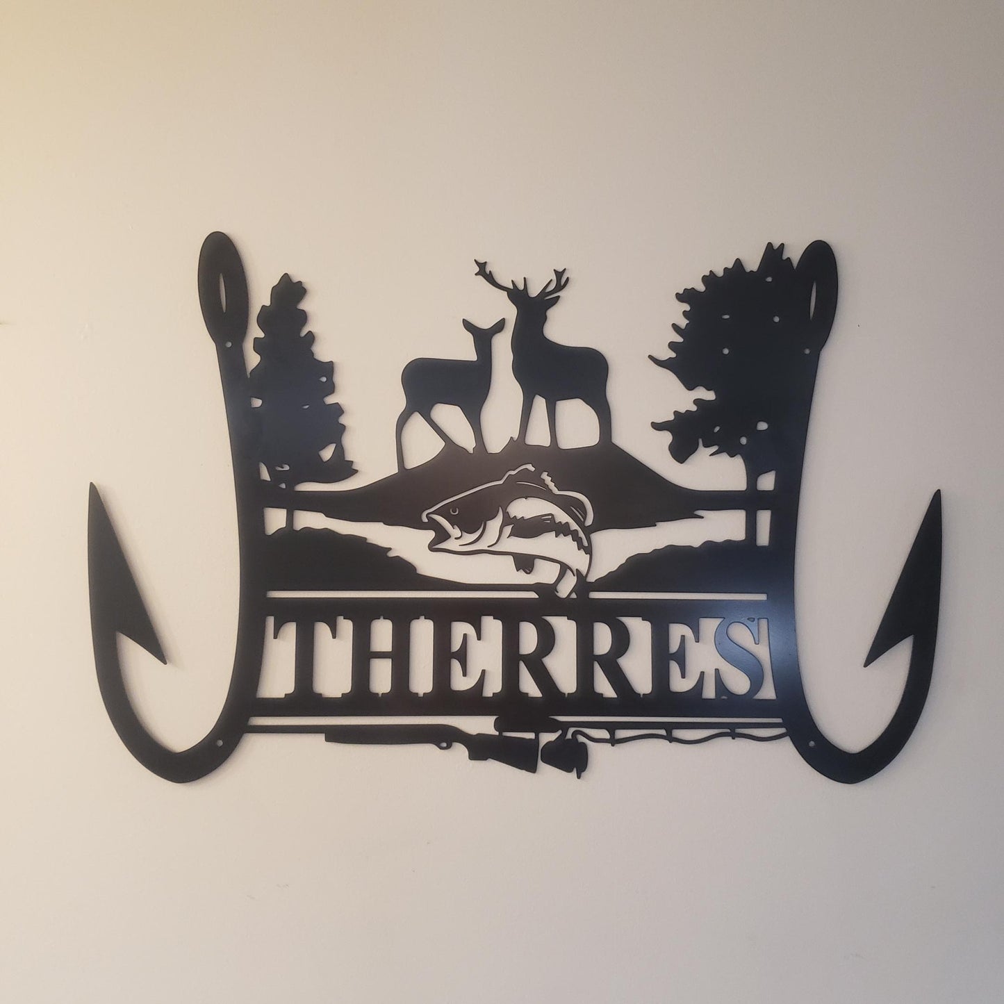 Rustic Nature-Inspired Hunting and Fishing Metal Sign with Deer and Walleye