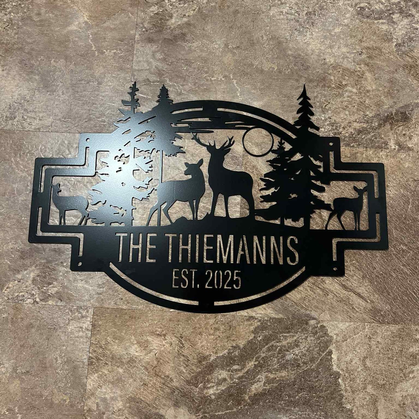 Modern Geometric Metal Sign with Deer and Evergreen Trees