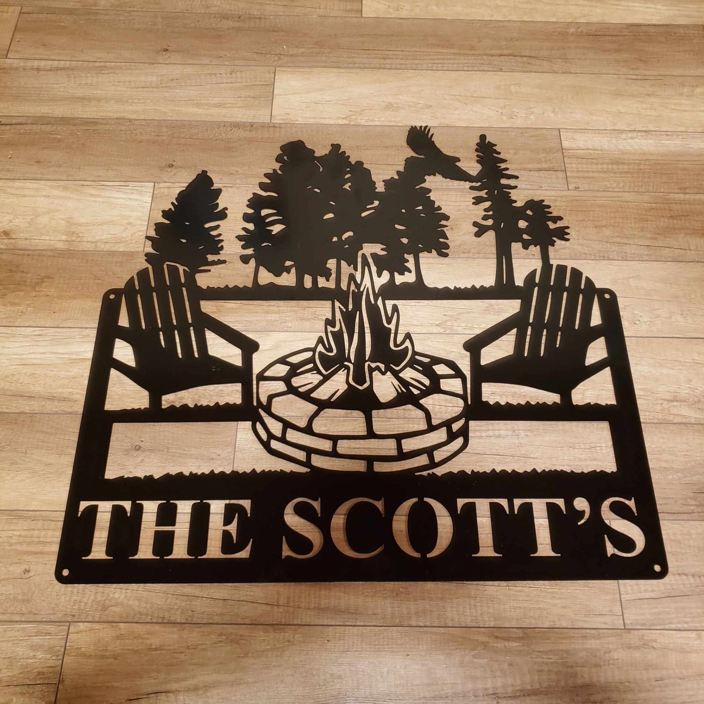 Rustic Square Metal Sign with Campfire and Trees