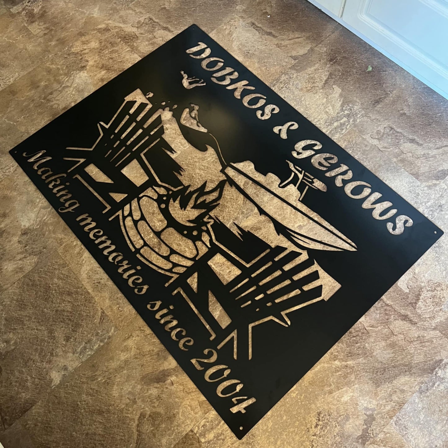 Rustic Rectangle Lake Sign with Tubing and Campfire