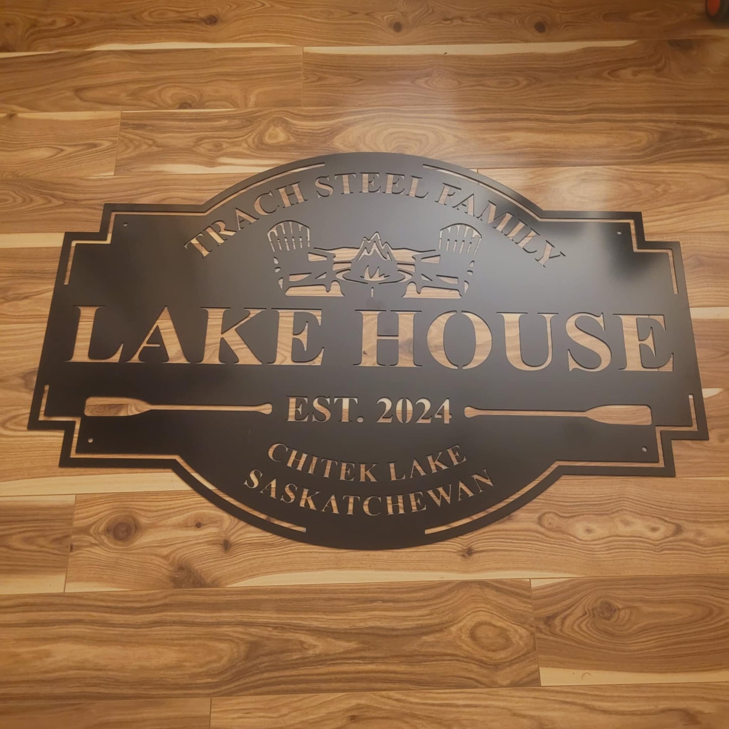 Modern Geometric Metal Lake Address Sign with Oars and Campfire