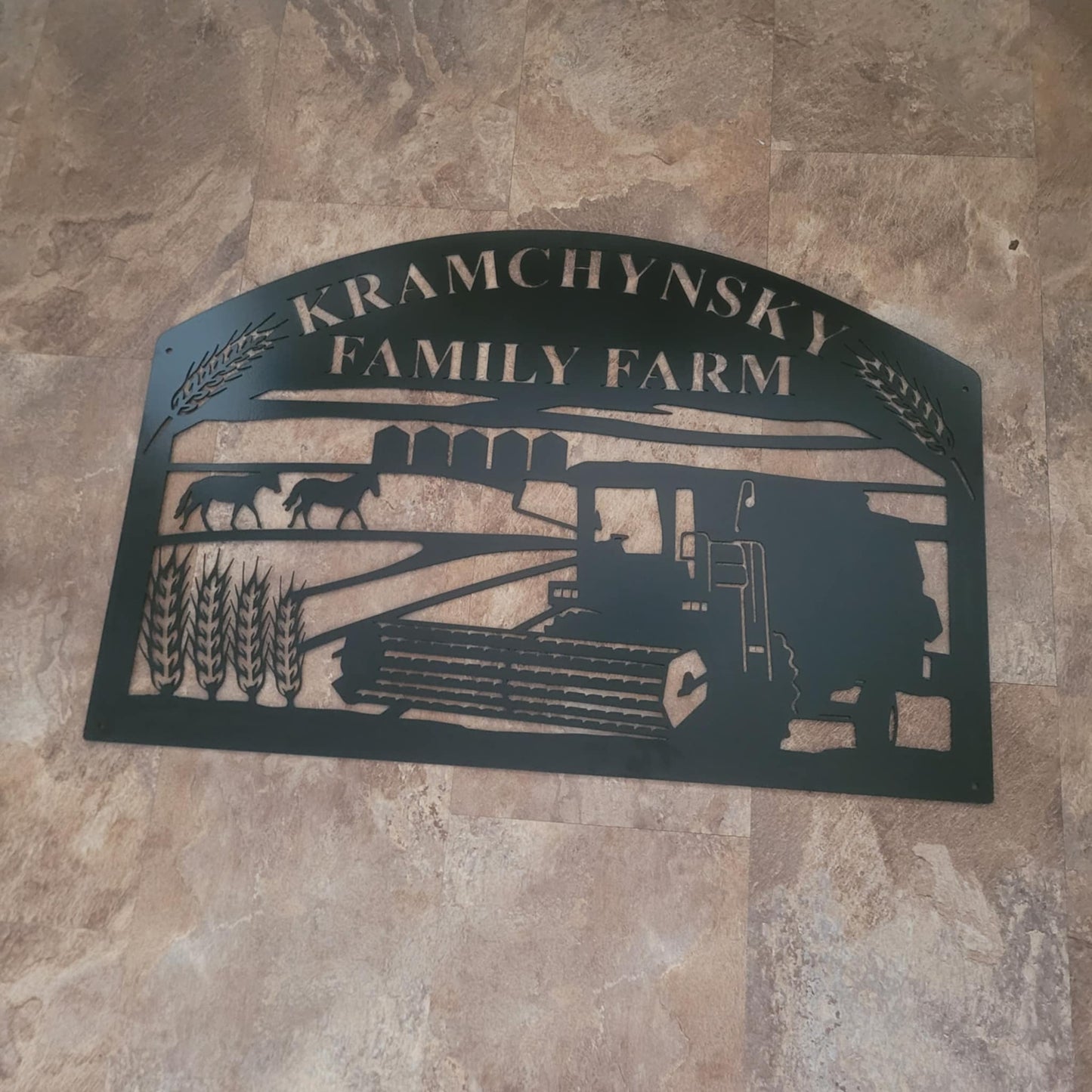 Rustic Arch-Top Rectangle Metal Sign With Combine and Horses