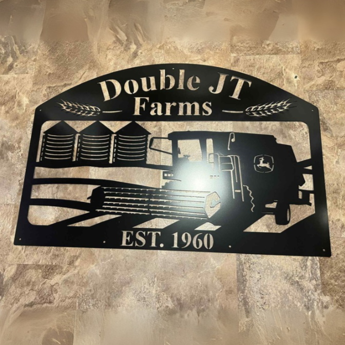 Rustic Arch-Top Rectangle Metal Farm Sign with Combine and Grain Bins
