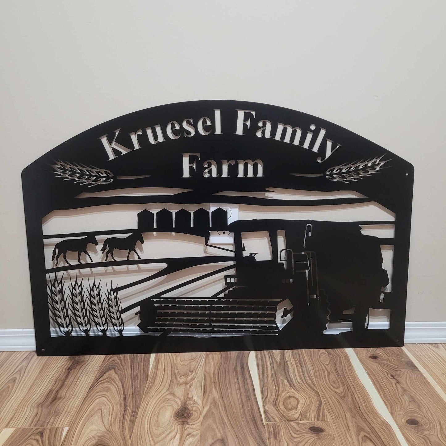 Personalized Metal Sign with Combine, Grain, and Horses