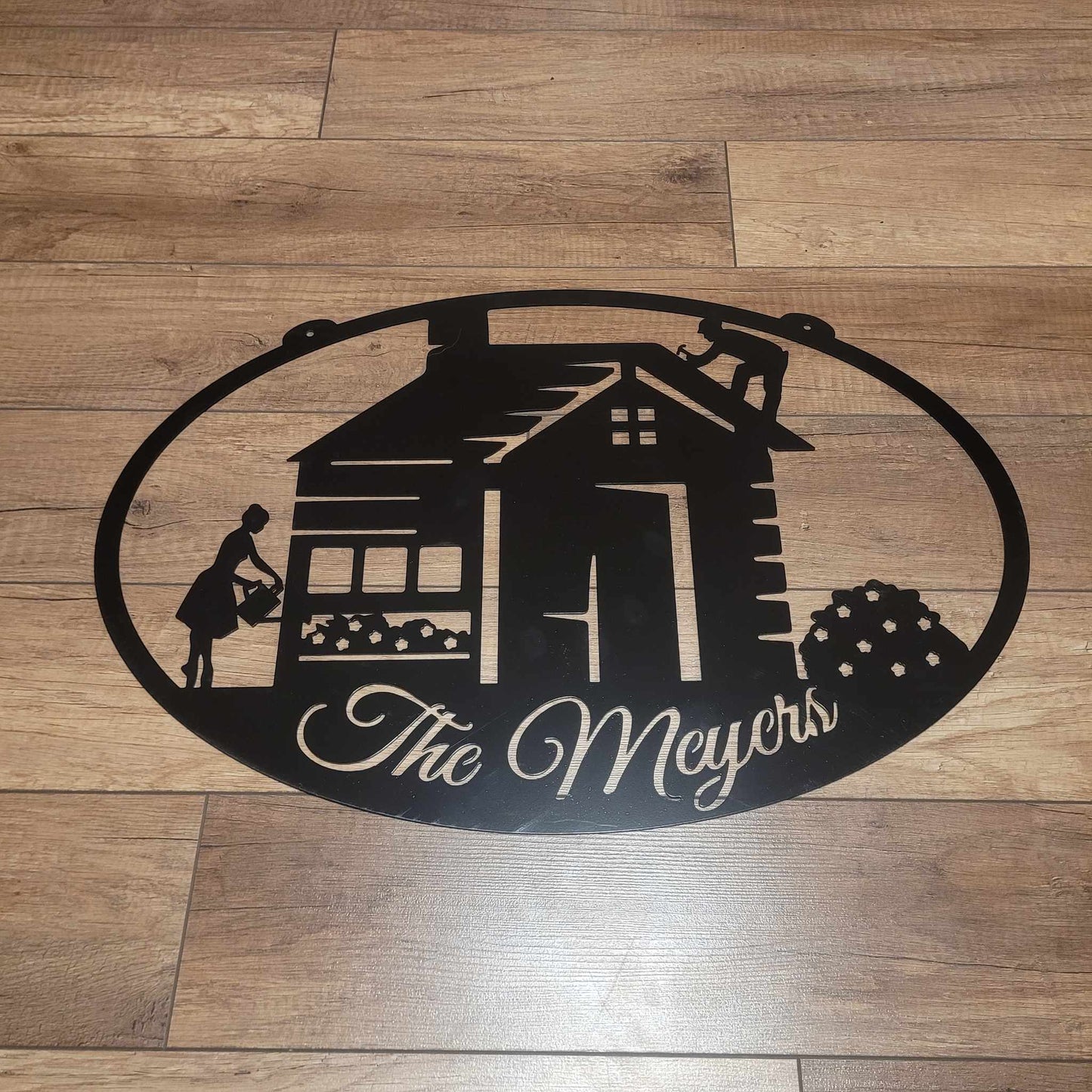 Rustic Oval Cabin Metal Sign with Builder and Gardener