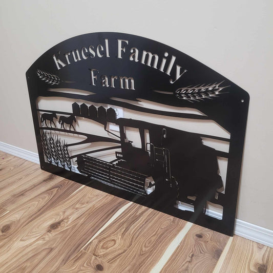 Personalized Metal Sign with Combine, Grain, and Horses