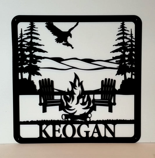 Square Personalized Metal Sign with Campfire and Hawk