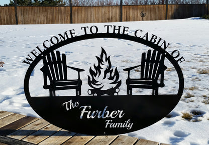 Personalized Metal Lake Sign with Campfire and Chairs