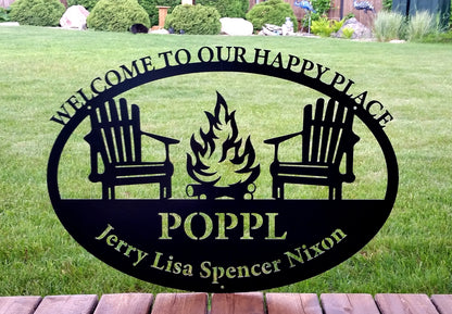 Personalized Metal Lake Sign with Campfire and Chairs