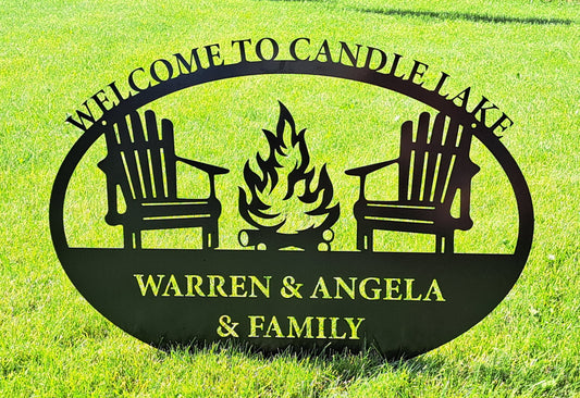 Personalized Metal Lake Sign with Campfire and Chairs