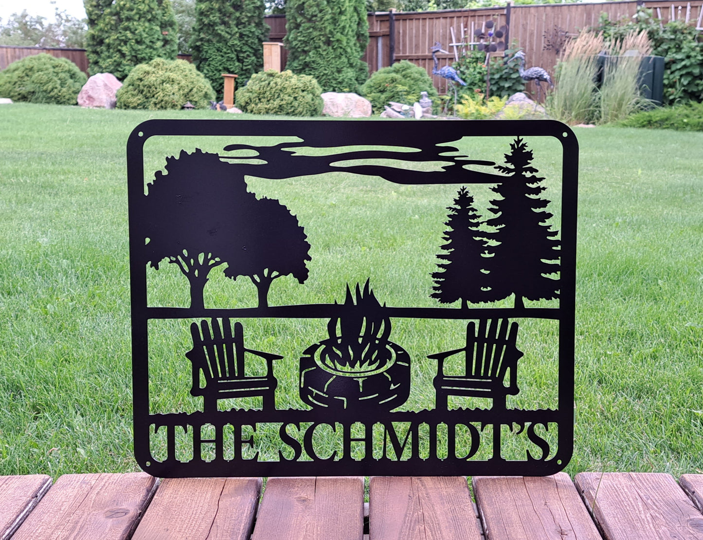 Square Personalized Metal Sign with Campfire and Chairs