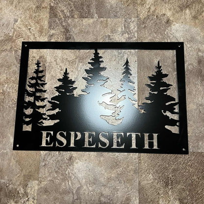 Rustic Rectangle Metal Sign With Evergreen Trees