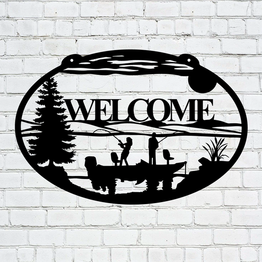 Personalized Metal Lake Sign with Fishing Boat