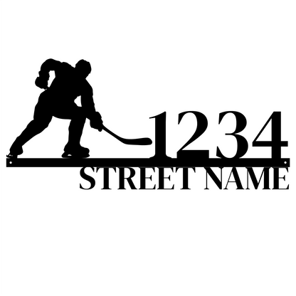 Modern Metal House Number Sign with Hockey Player
