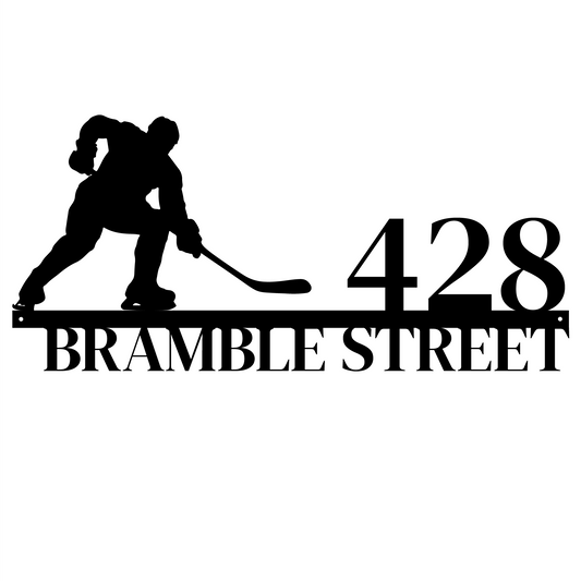 Modern Metal House Number Sign with Hockey Player