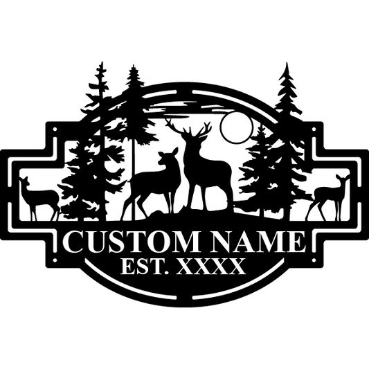 Modern Geometric Metal Sign with Deer and Evergreen Trees