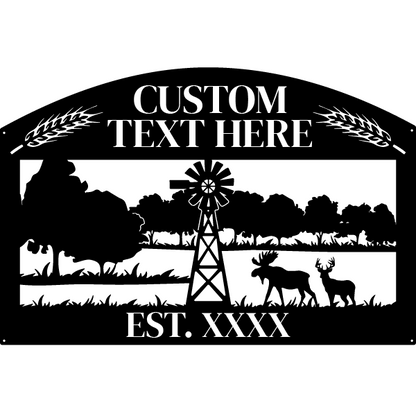 Rustic Arch-Top Rectangle Metal Farm Sign With Windmill and Wildlife
