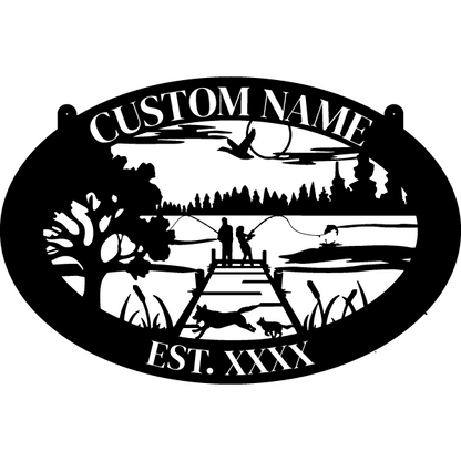 Rustic Oval Metal Fishing Sign with Dogs and Lake Scene