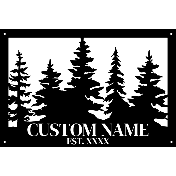 Rustic Rectangle Metal Sign With Evergreen Trees