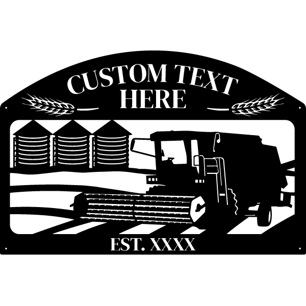 Rustic Arch-Top Rectangle Metal Farm Sign with Combine and Grain Bins