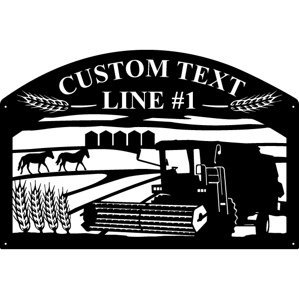 Rustic Arch-Top Rectangle Metal Sign With Combine and Horses