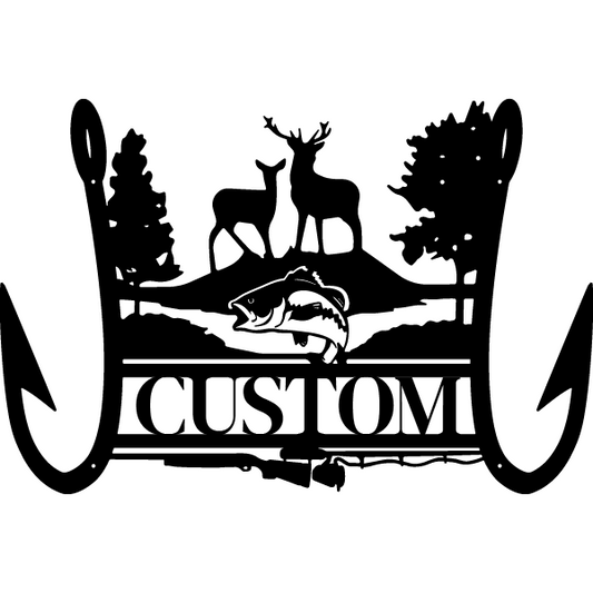 Rustic Nature-Inspired Hunting and Fishing Metal Sign with Deer and Walleye