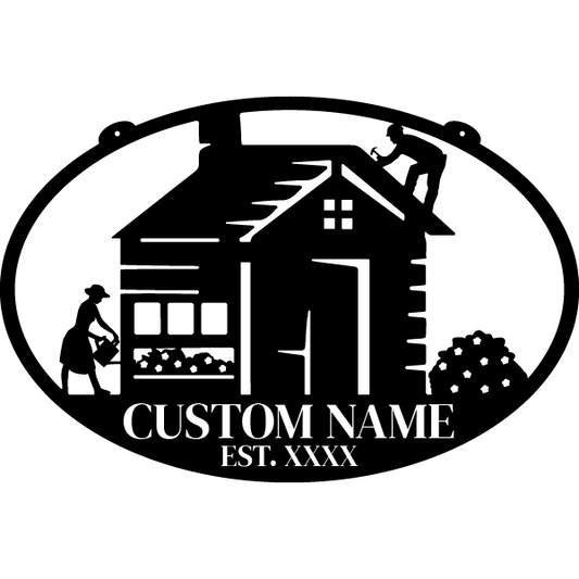 Rustic Oval Cabin Metal Sign with Builder and Gardener