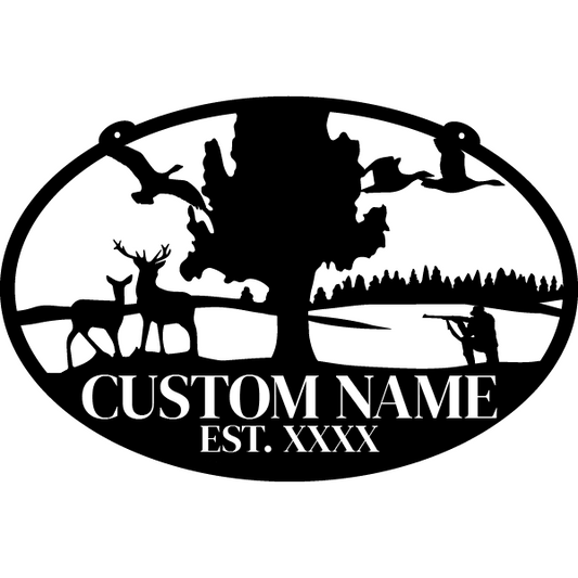 Rustic Oval Hunting Metal Sign with Deer and Geese