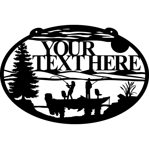 Rustic Oval Metal Lake Sign with Fishing Boat