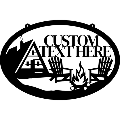 Rustic Oval Metal Sign with A-Frame Cabin and Campfire