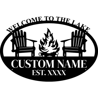 Rustic Oval Welcome to the Lake Metal Sign With Campfire and Chairs