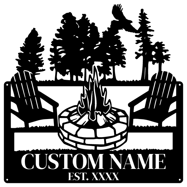 Rustic Square Metal Sign with Campfire and Trees