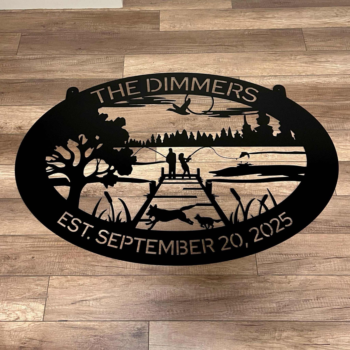 Rustic Oval Metal Fishing Sign with Dogs and Lake Scene