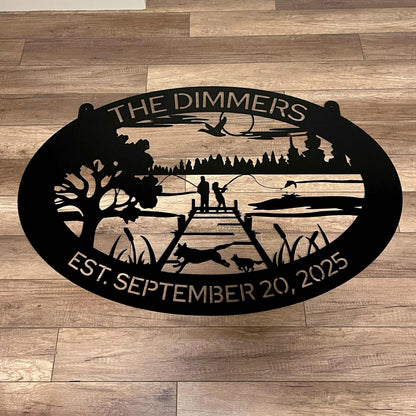 Rustic Oval Metal Fishing Sign with Dogs and Lake Scene