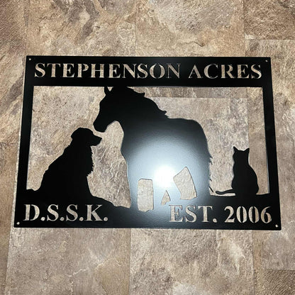 Rustic Rectangle Farm Sign with Horse, Dog, and Cat