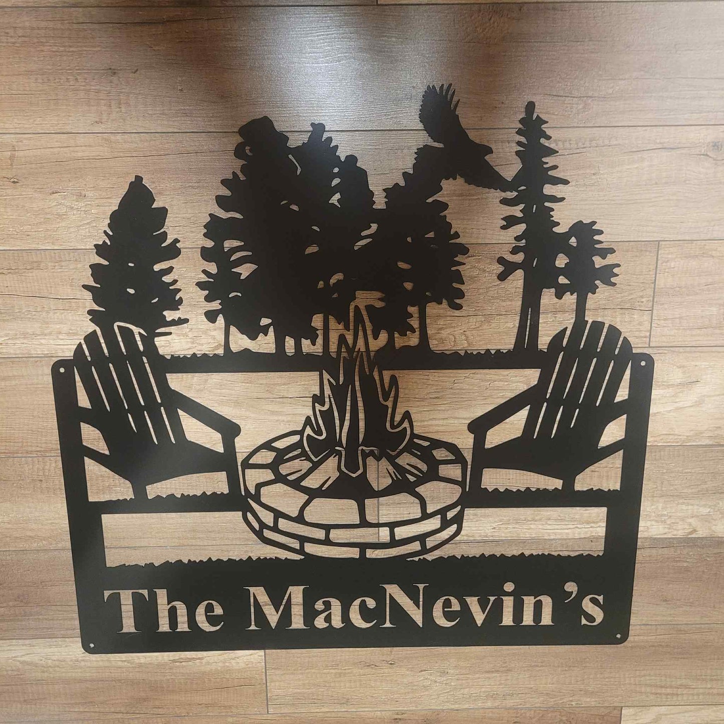 Rustic Square Metal Sign with Campfire and Trees