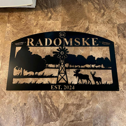 Rustic Arch-Top Rectangle Metal Farm Sign With Windmill and Wildlife